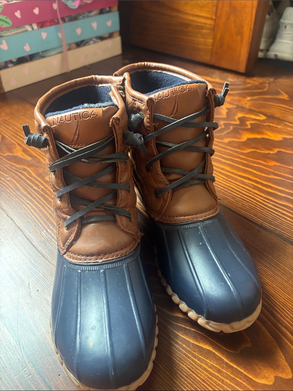Nautica Brown Leather and Navy Rubber Duck Boots